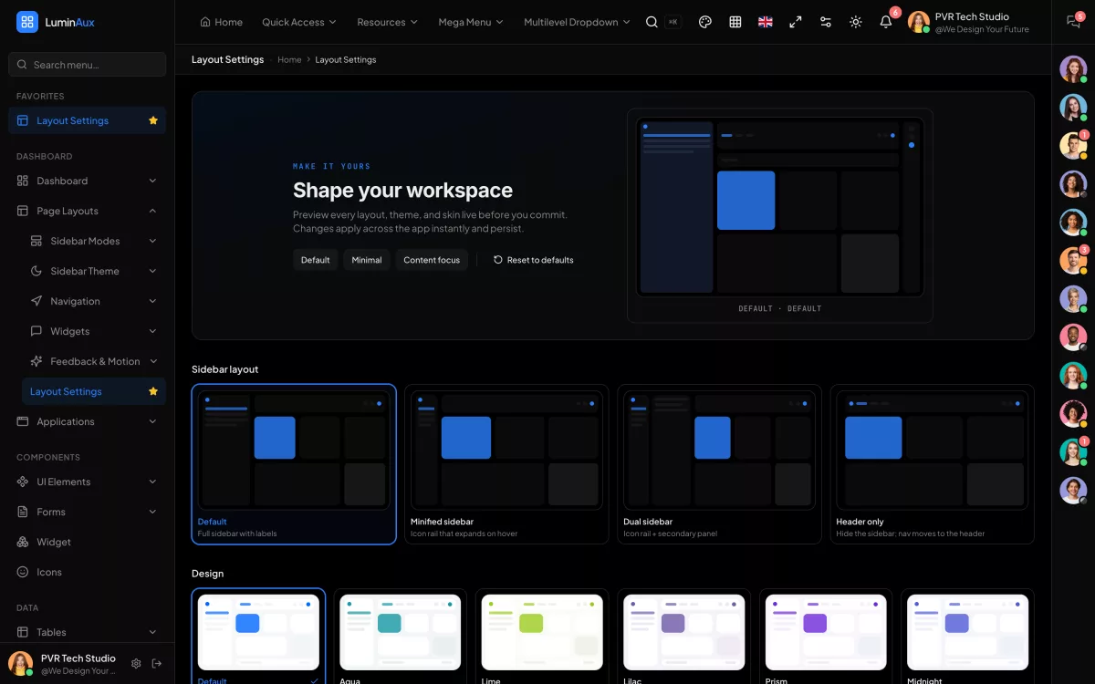 Layout settings page